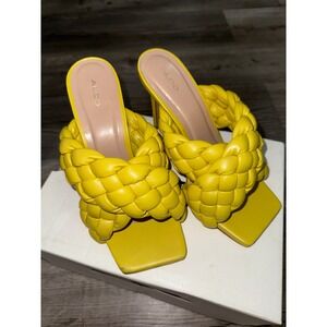 Aldo Tressu Sandals 8 Yellow Braided Square Toe Mule High Heel Summer Statement